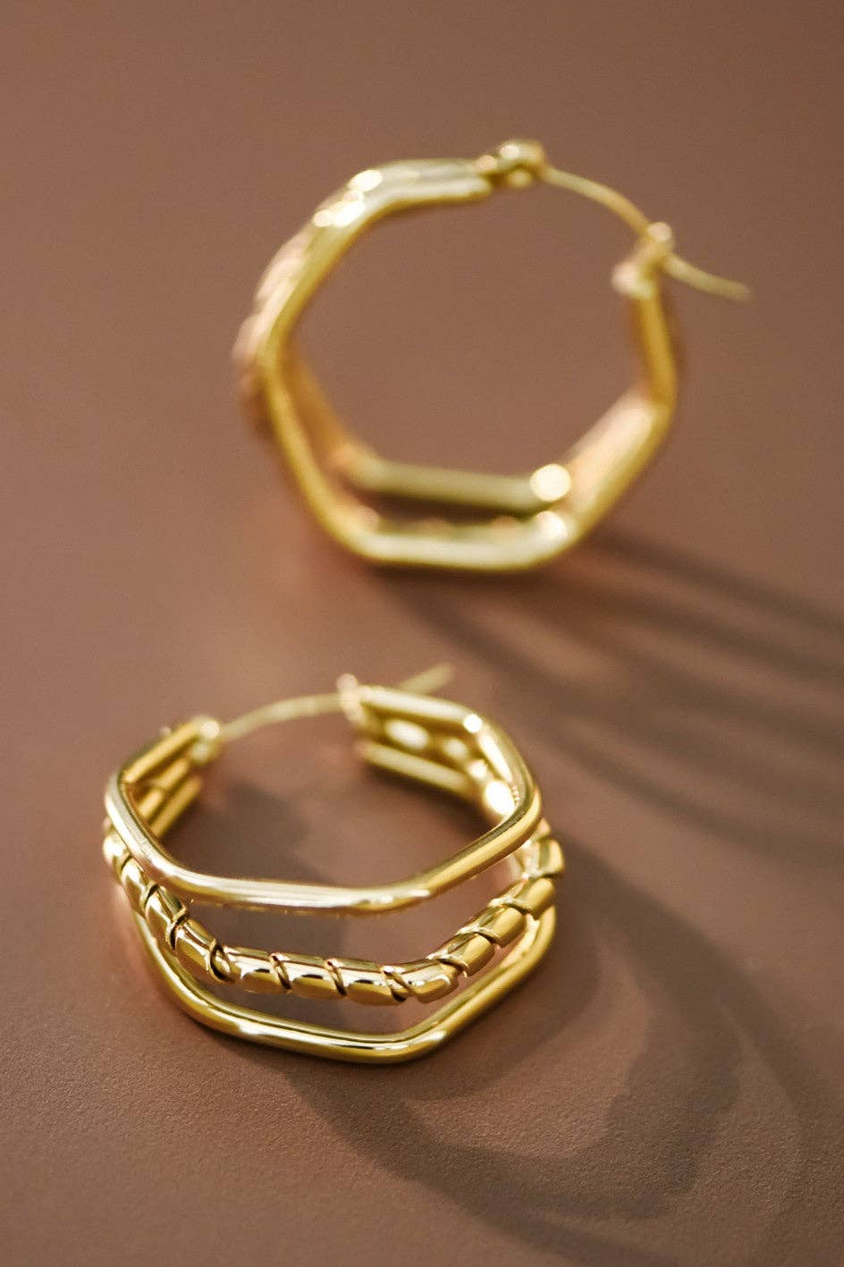 18K Gold Plated Waterproof Stainless Steel Hoop Hex Earrings