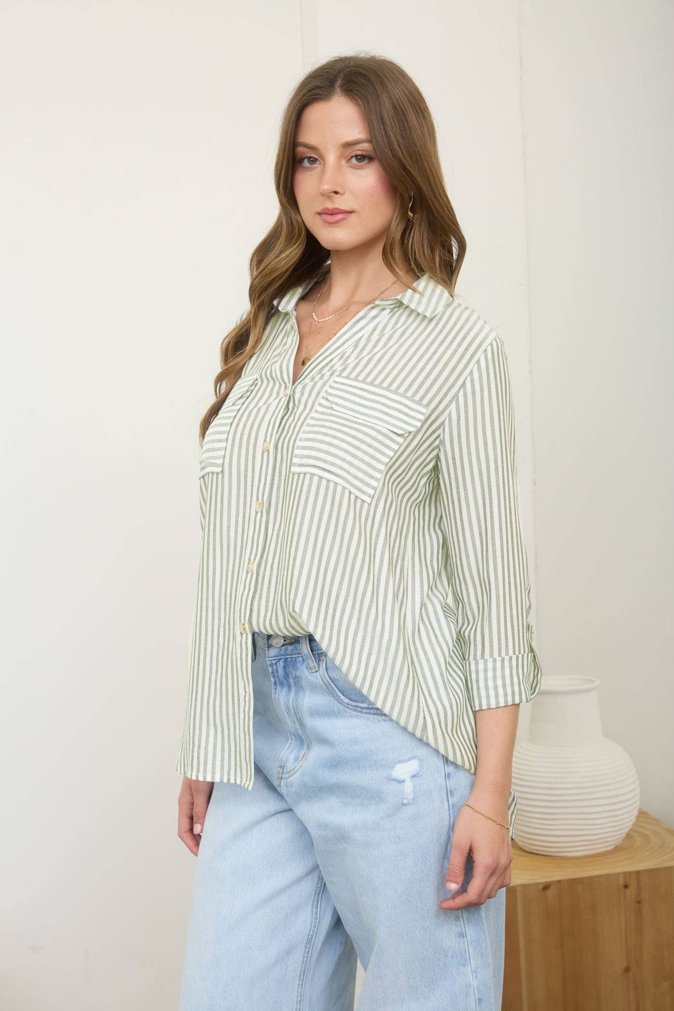 Blu Pepper - STRIPE COLLARED BUTTON DOWN LIGHTWEIGHT SHIRT : BROWN