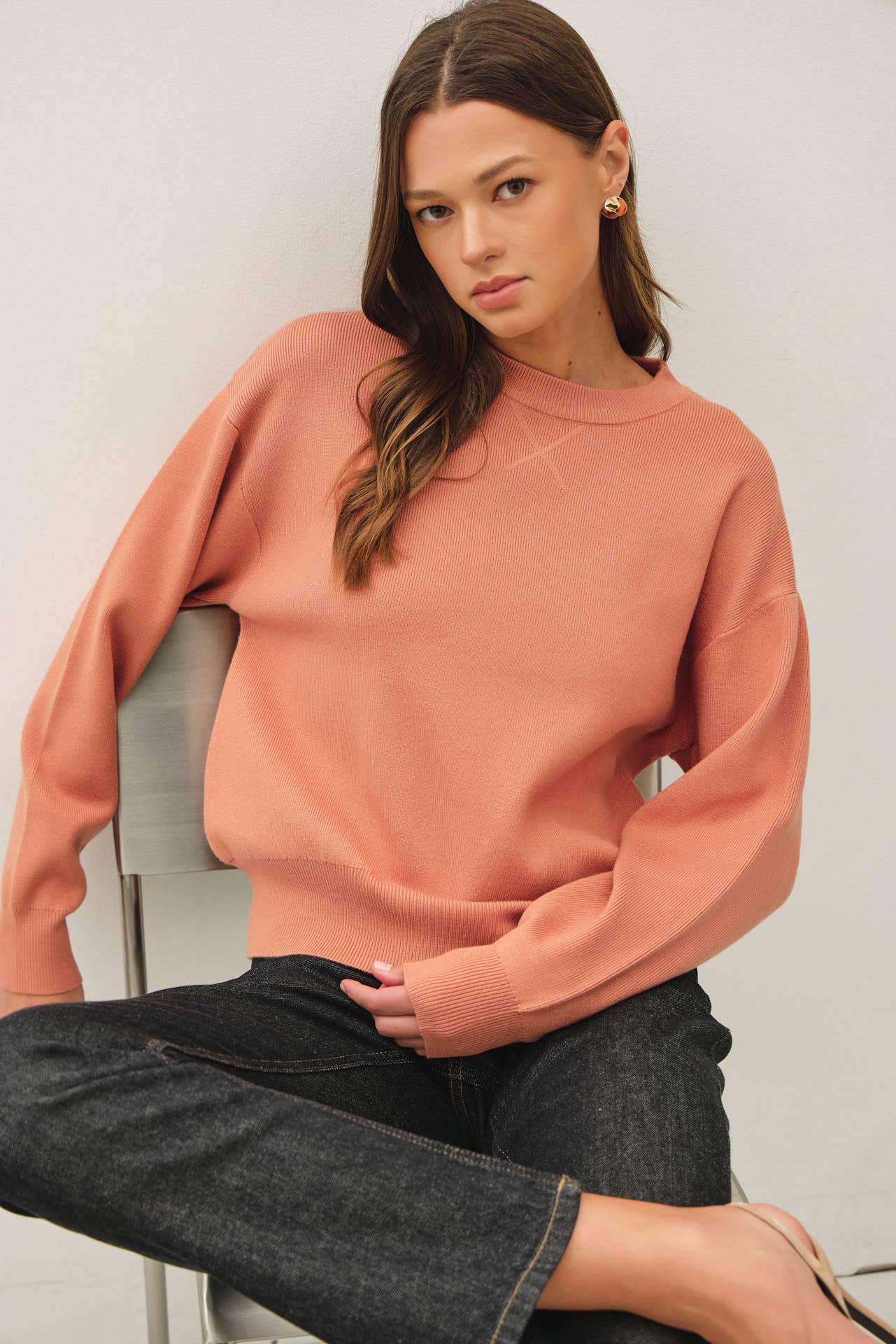 BOYFRIEND FIT PULLOVER SWEATER: DUSTY PEACH