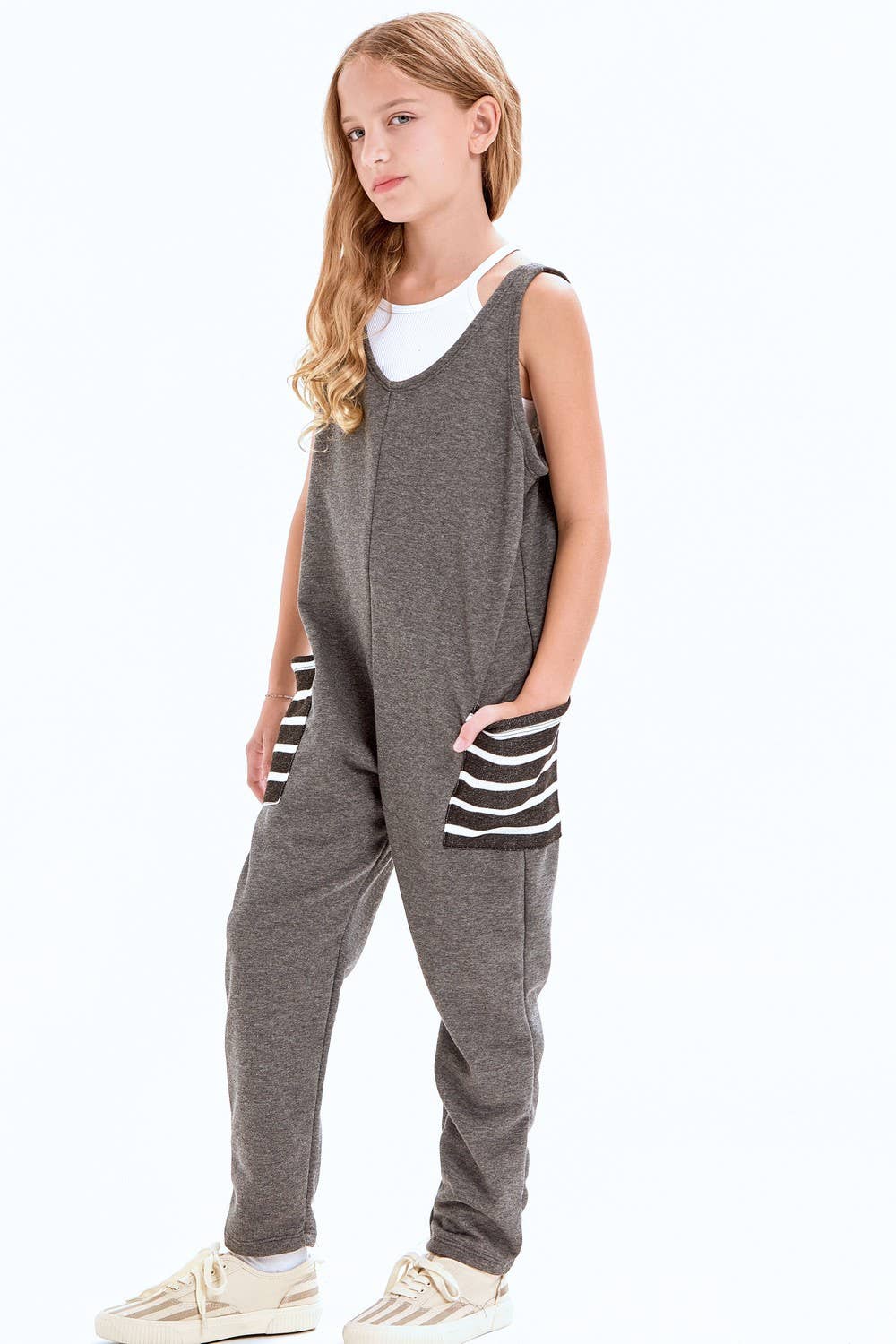 Striped Pocket Cotton French Terry Jumpsuit