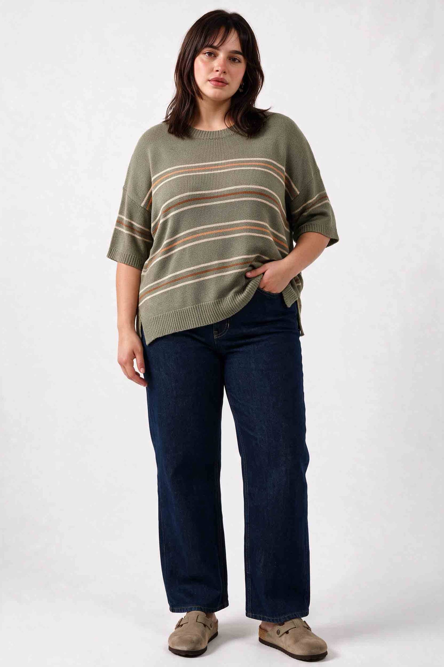 Be Cool - [PLUS] OVER SIZED DROP SHOULDER STRIPED SWEATER : SAGE / 3X