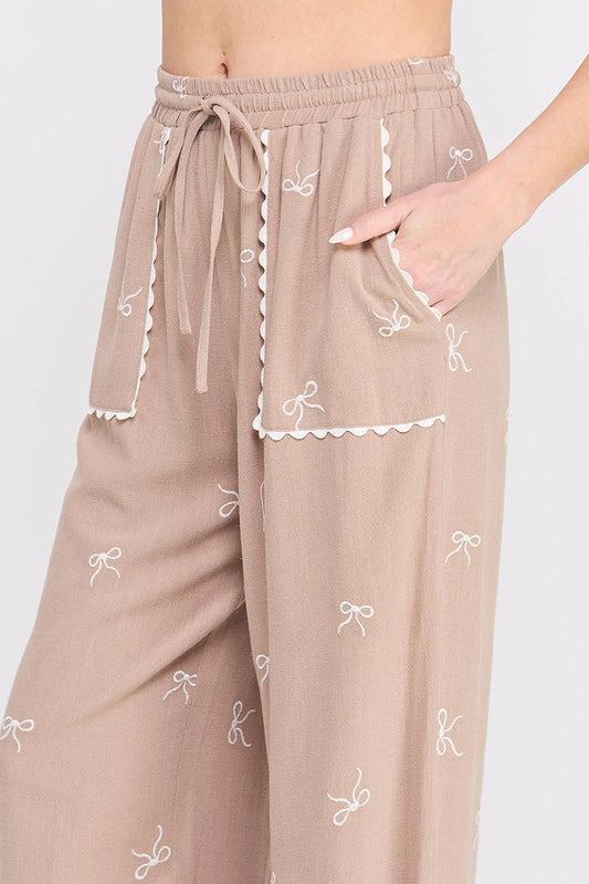 Bow Embroidered Soft Linen Palazzo Pant