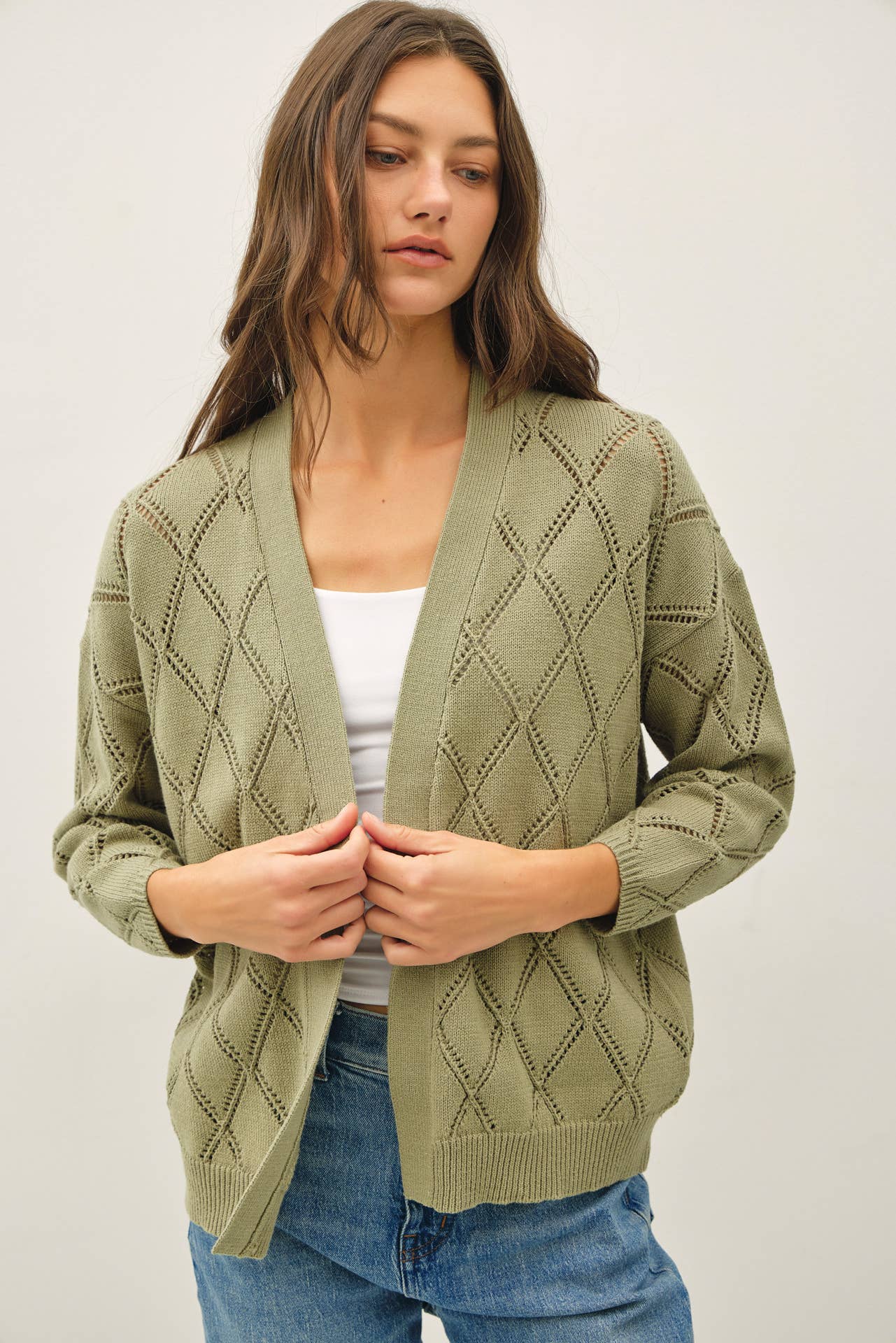 Be Cool - POINTELLE KNIT OPEN FRONT CARDIGAN: MARSALA / L