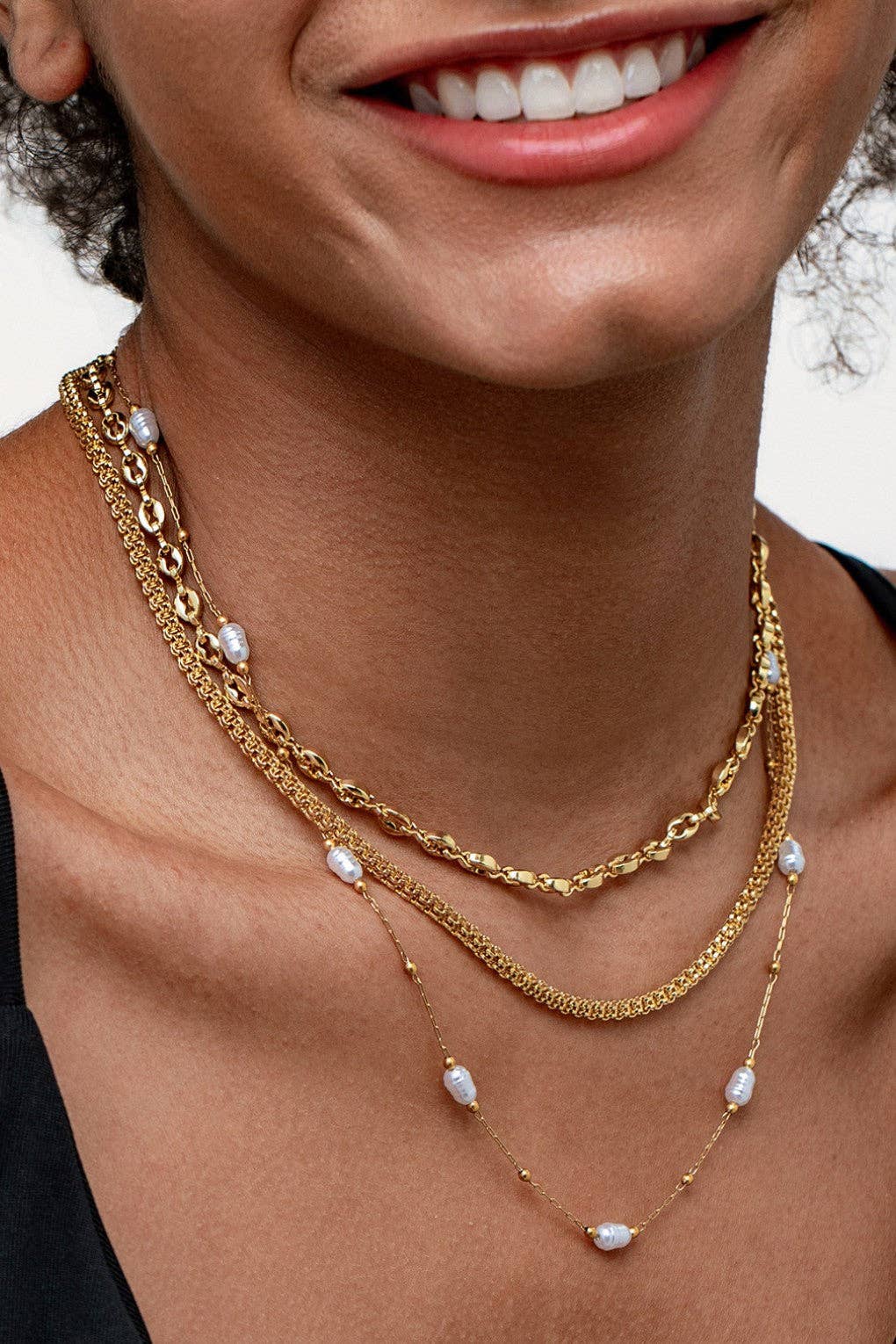 18K Gold Plated Triple Layered with Pearl String Necklace