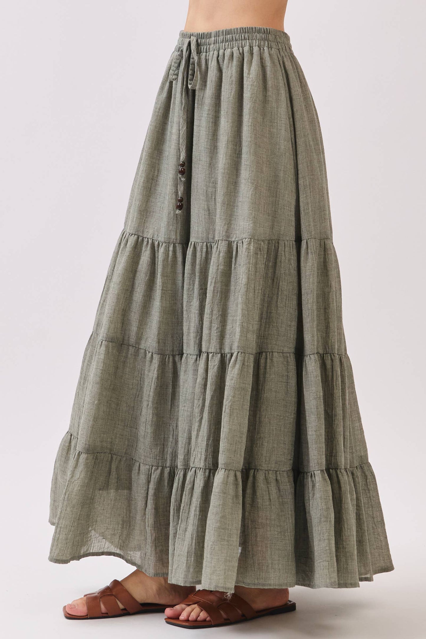 Final Touch - Tiered Coconut Tie Detail Maxi Skirt - VS3009: OLIVE / S