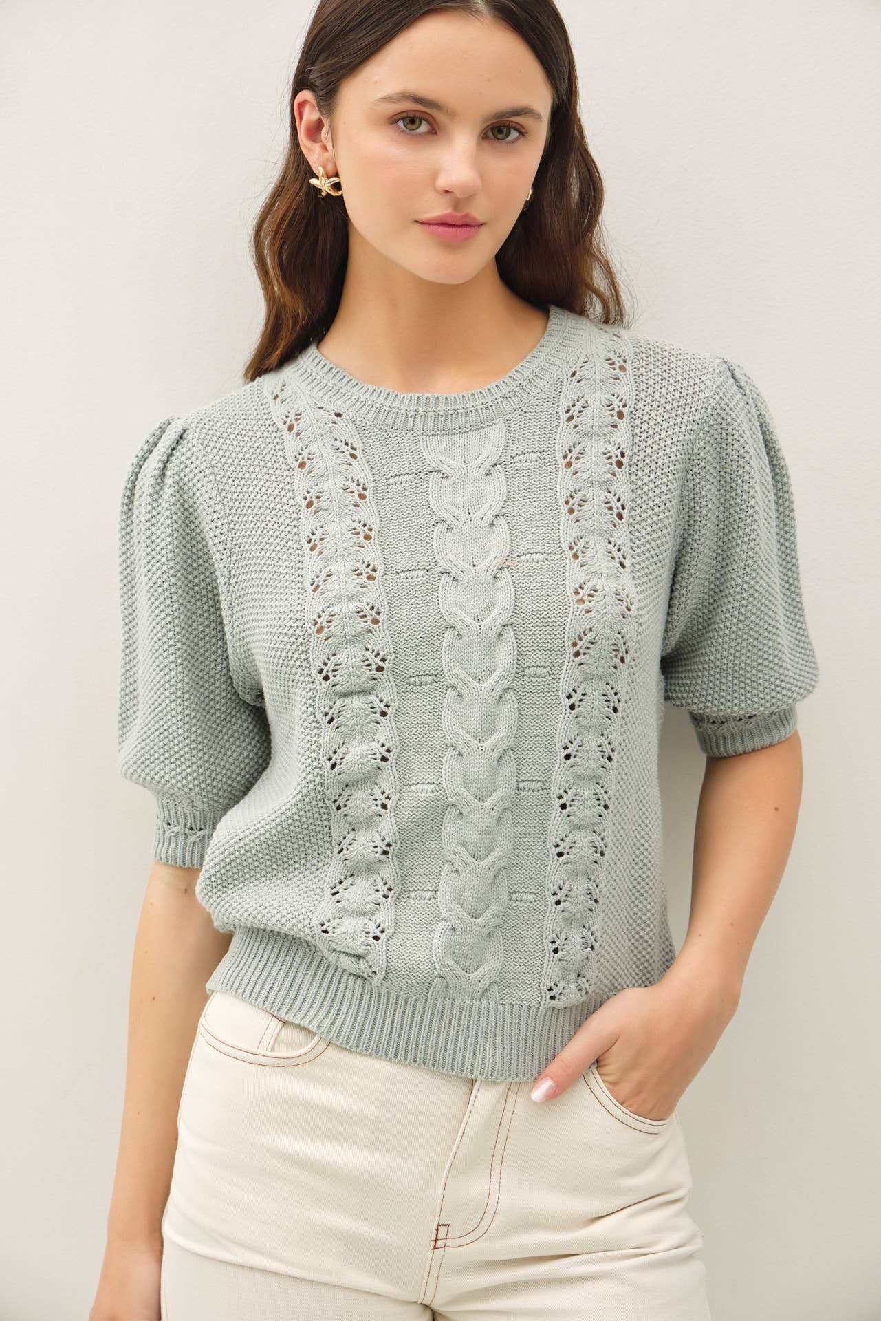 Be Cool - CHUNKY PUFF SHORT SLEEVE CABLE KNIT SWEATER: SEAFOAM / L