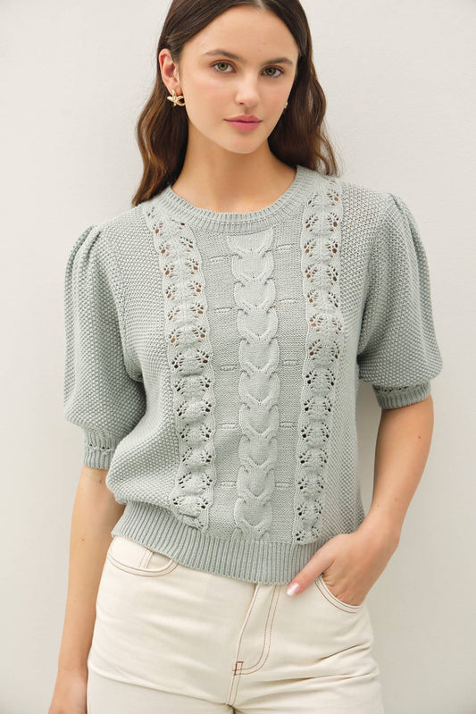 CHUNKY PUFF SHORT SLEEVE CABLE KNIT SWEATER: SEAFOAM