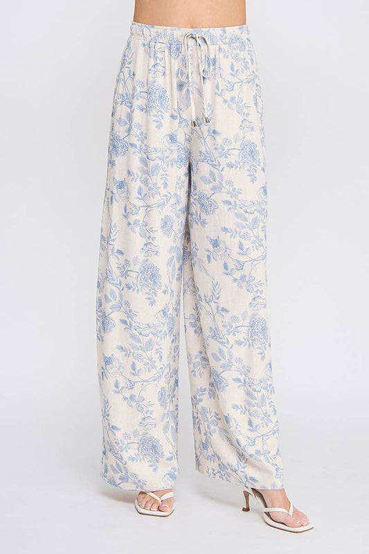 Printed Soft Linen Elastic Tie Waist Wide Leg Pants