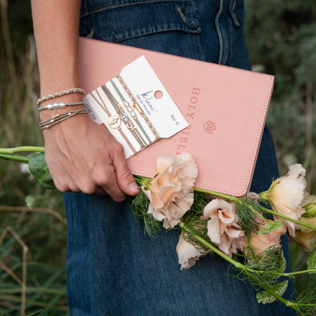 K'lani hair tie bracelets - "Risen" Warm Neutrals with Gold Christus Hair Tie Bracelets: Large