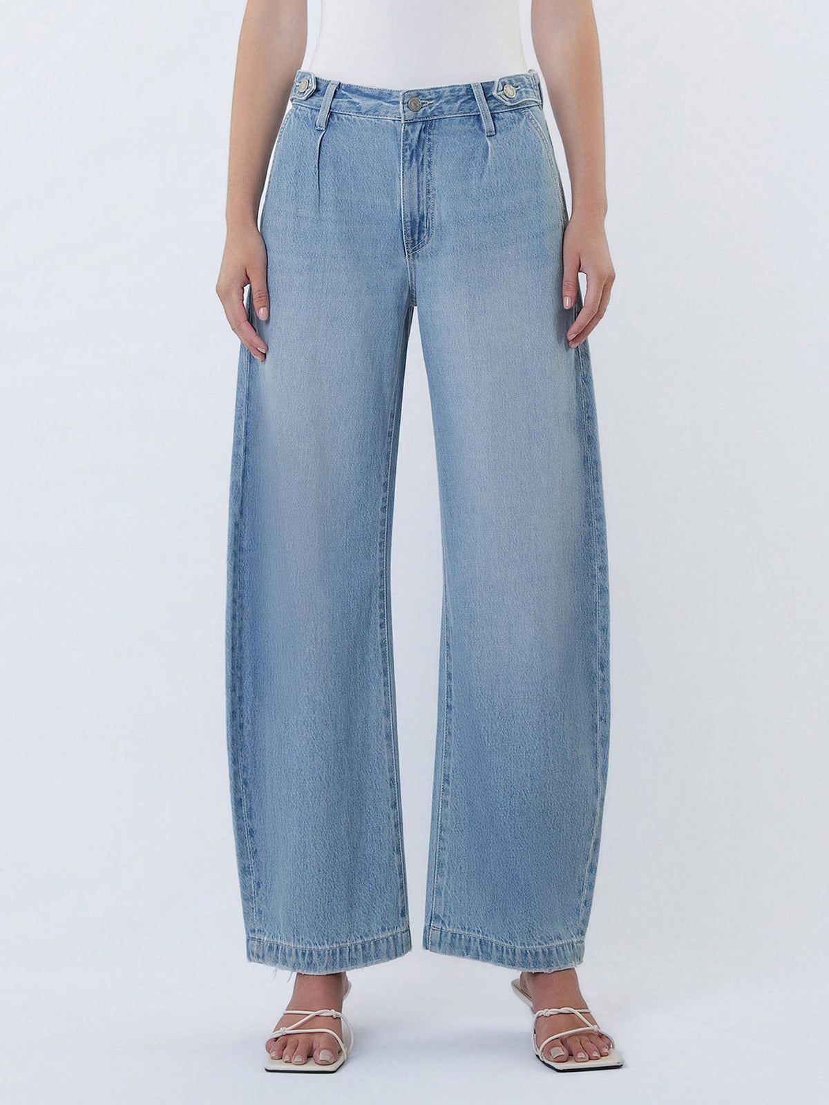 HIGH RISE PLEATED TAB WAISTBAND BARREL LEG JEANS: UPBEAT