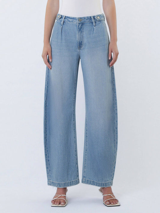 HIGH RISE PLEATED TAB WAISTBAND BARREL LEG JEANS: UPBEAT