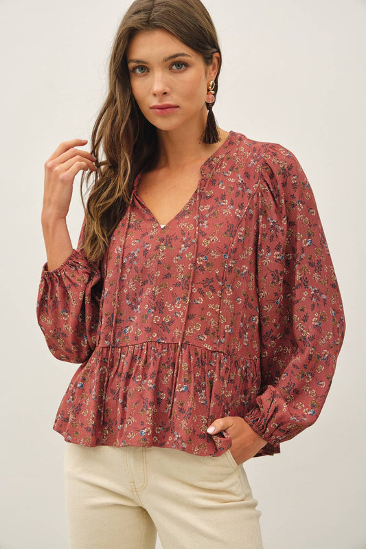 FLORAL PRINT V-NECK CHIFFON BLOUSE