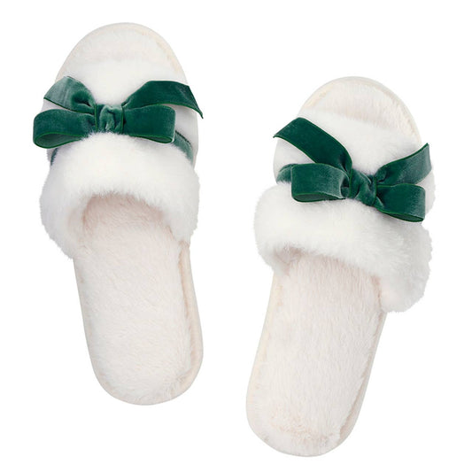 Plush Velvet Bow Slippers - Ivory + Forest Green Velvet Bow