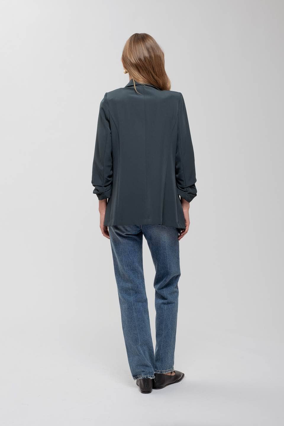 Ruched Sleeve Blazer in Hunter Green