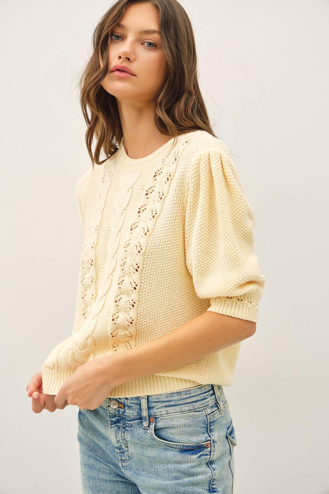 Be Cool - CHUNKY PUFF SHORT SLEEVE CABLE KNIT SWEATER: SEAFOAM / M