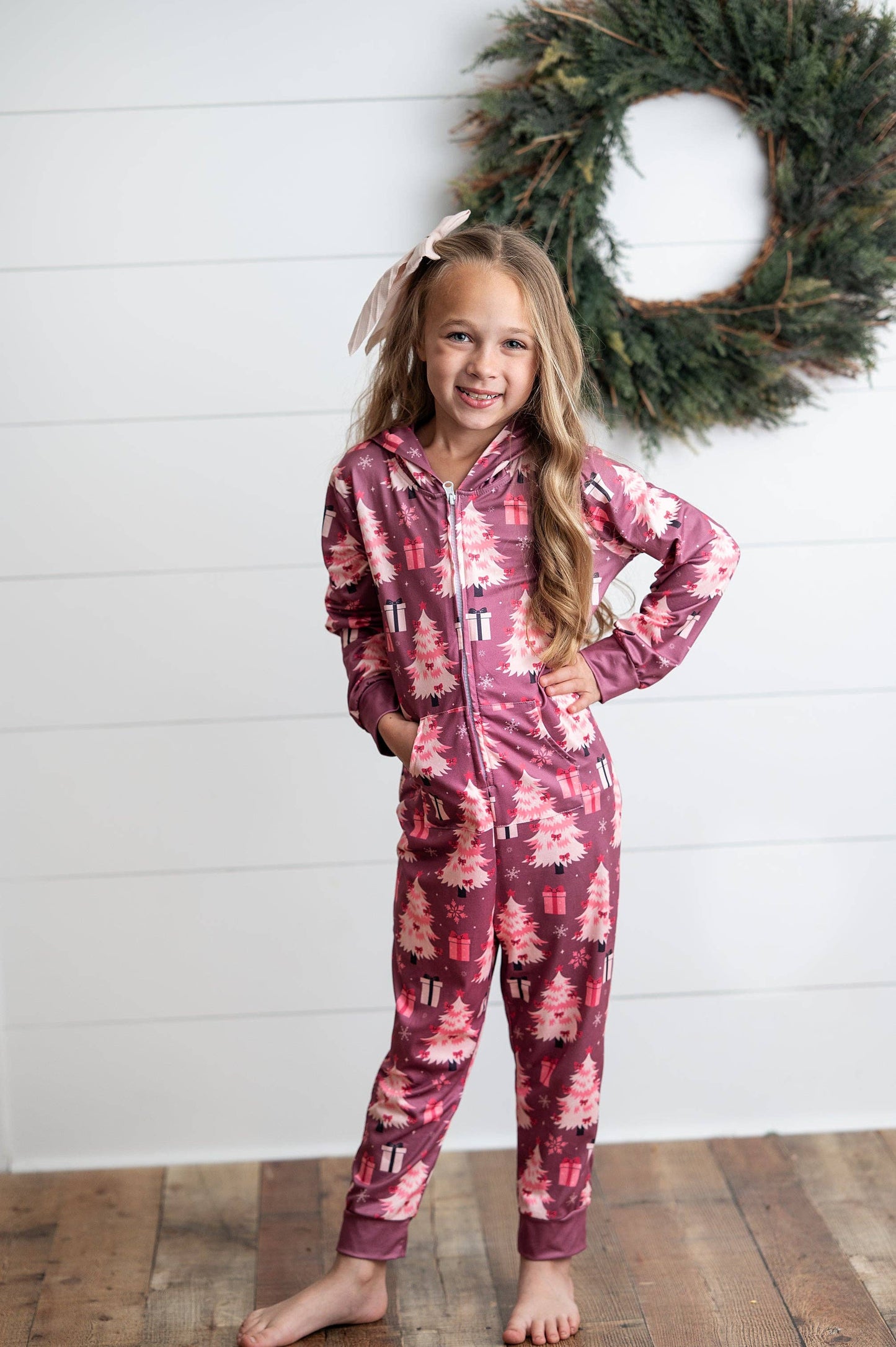 Kids Pink Christmas Tree Holiday Zip Onesie Set With Ears
