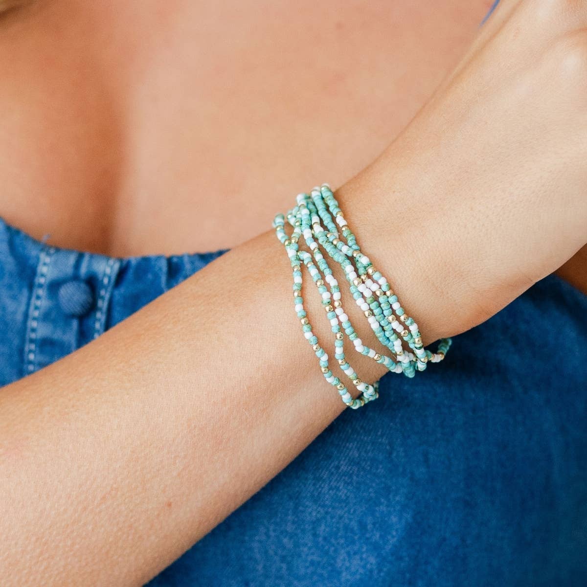 Faux Stone Assorted 2mm stretch Seed Bead bracelets: Aqua/White