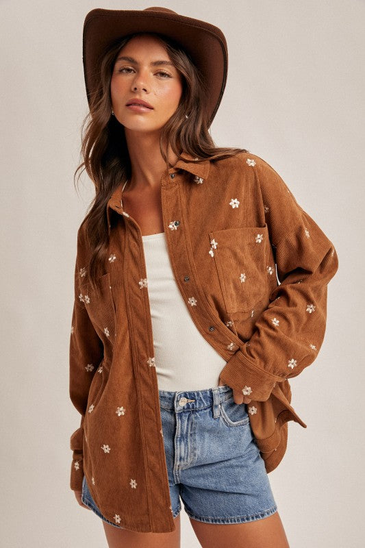 Floral Embroidery Oversized Corduroy Shirt
