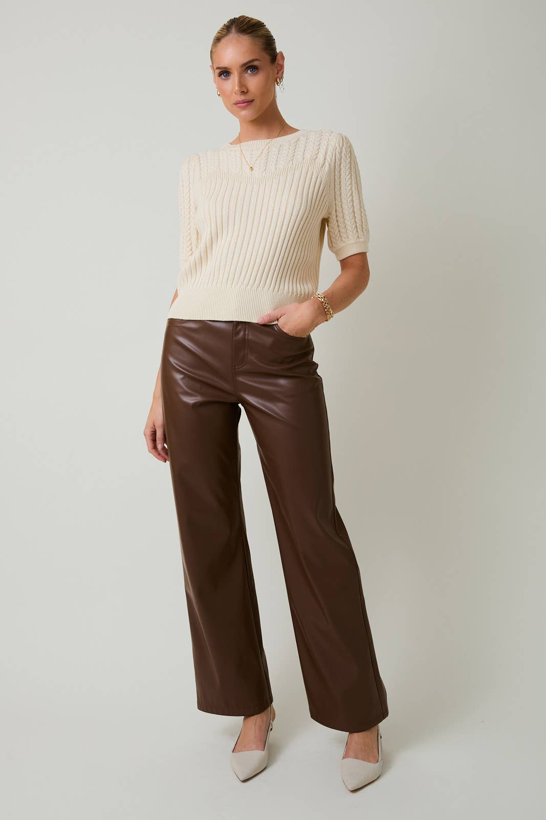 Sunday Edition by LE LIS - ROUND NECK PUFF SHORT SLEEVE CABLE SWEATER: APRICOT / L