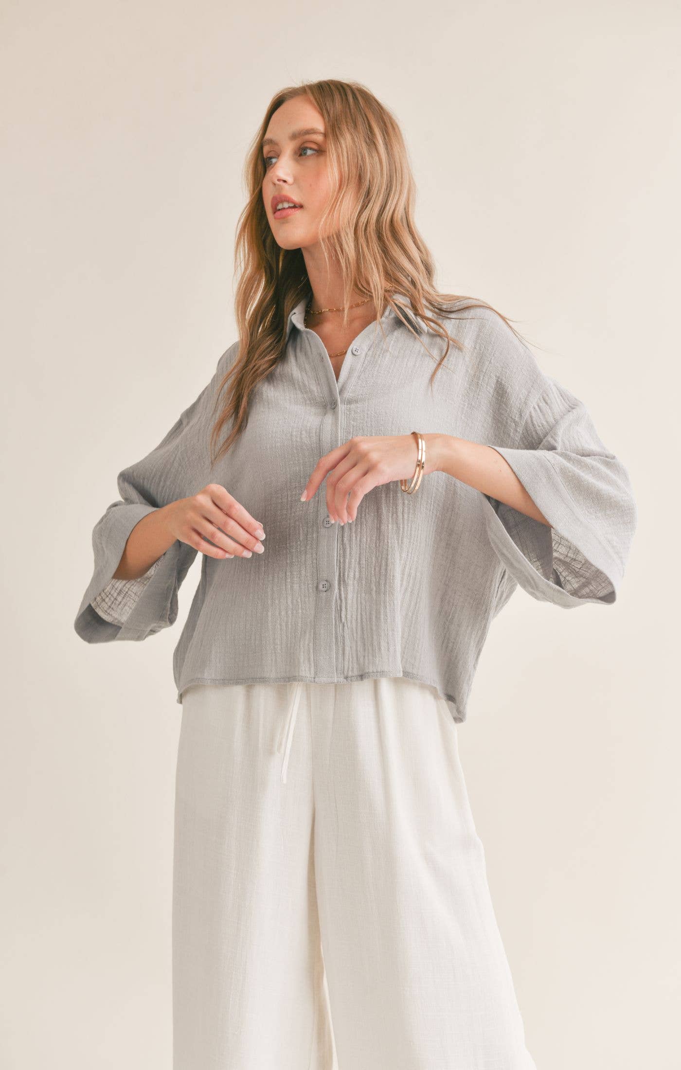 Bird Song Cuffed Boxy Oversized Shirt in Cloud Blue