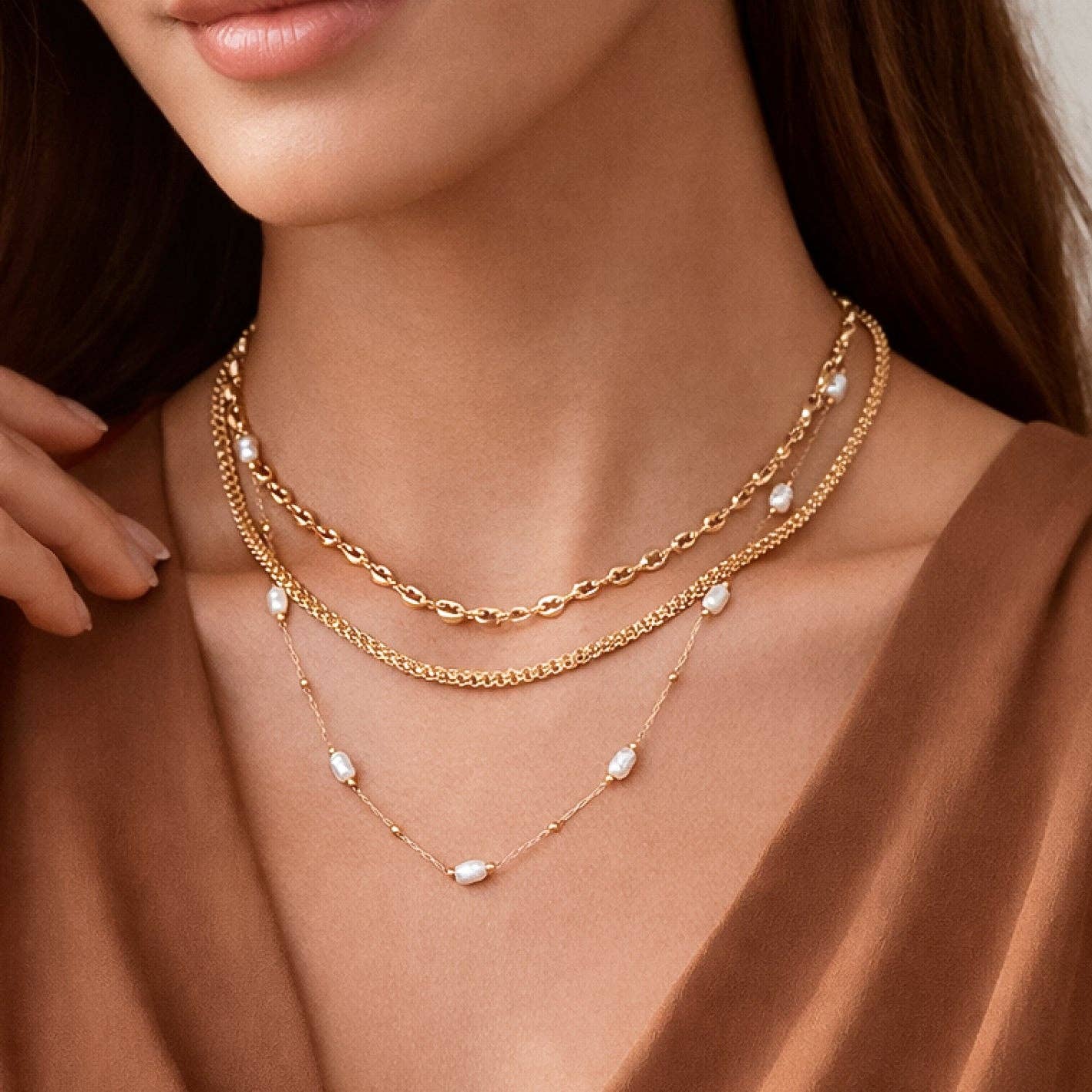 18K Gold Plated Triple Layered with Pearl String Necklace