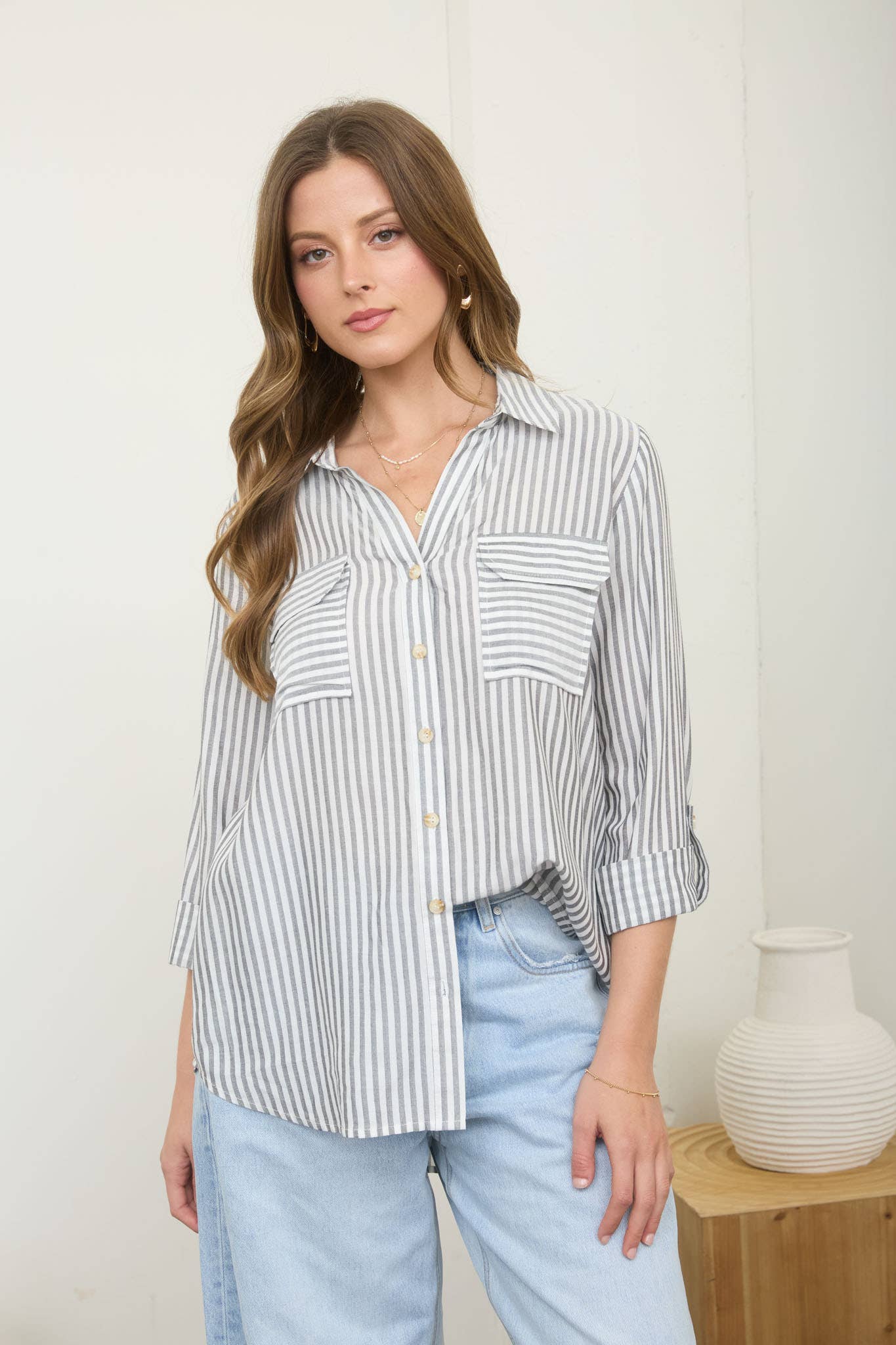 Blu Pepper - STRIPE COLLARED BUTTON DOWN LIGHTWEIGHT SHIRT : BROWN