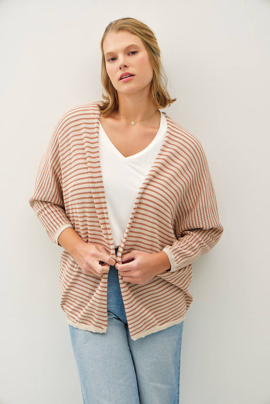 STRIPED DOLMAN SLEEVE OPEN CARDIGAN: Auburn