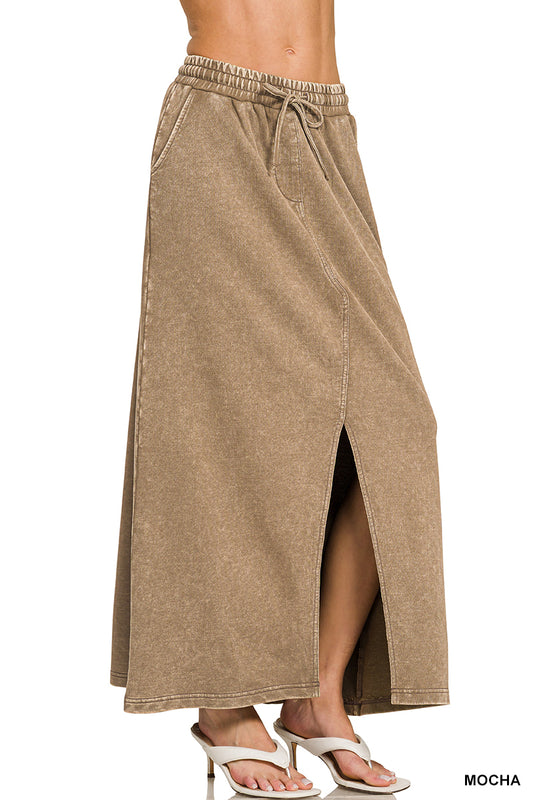 French Terry Acid Washed Front Slit Long Skirt