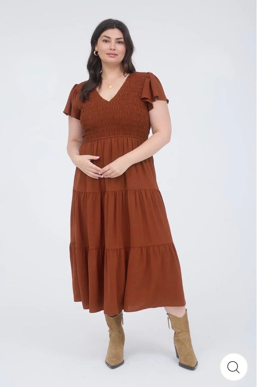 Flutter Sleeve Rust Midi Dress