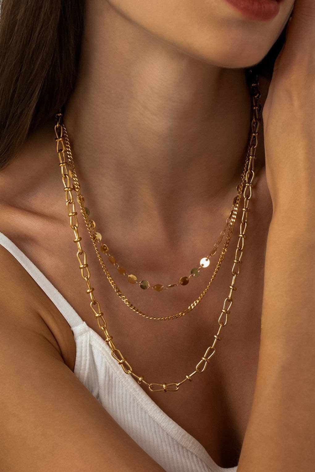 18K Gold Dipped Stainless Steel Triple Layered Chunky Chain Necklace