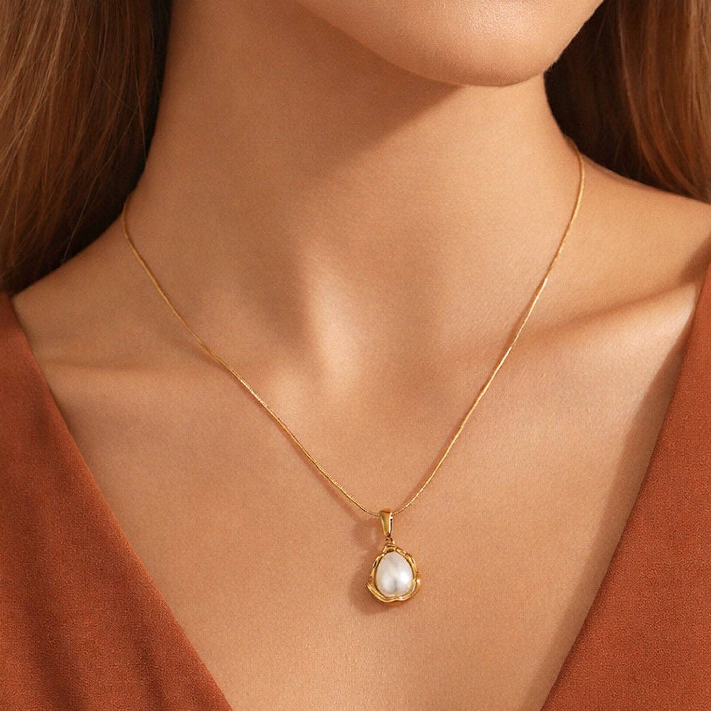 18K Gold PVD Plated Stainless Steel Minimal Pearl Necklace