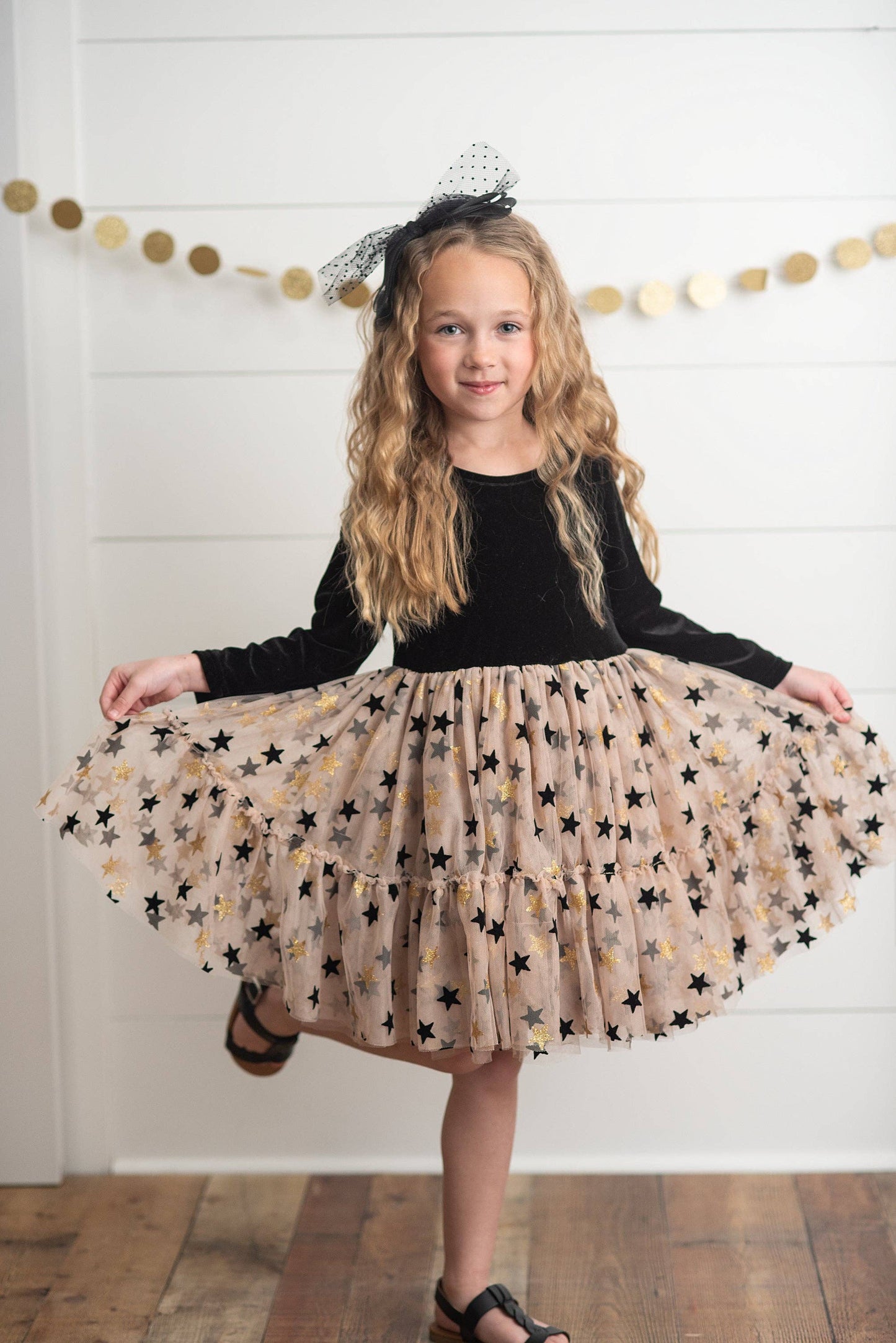 Kids Black & Gold Star Velvet Holiday Sparkle Tulle Dress