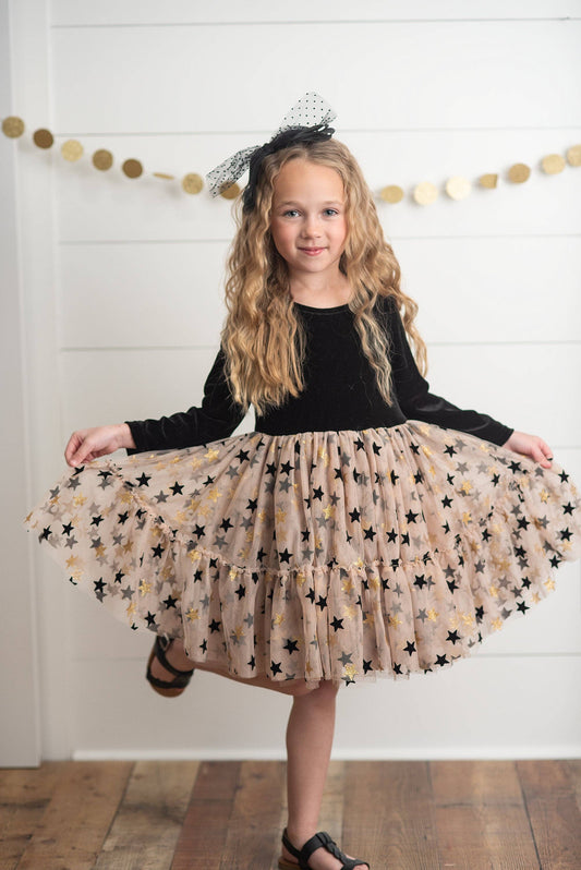 Kids Black & Gold Star Velvet Holiday Sparkle Tulle Dress