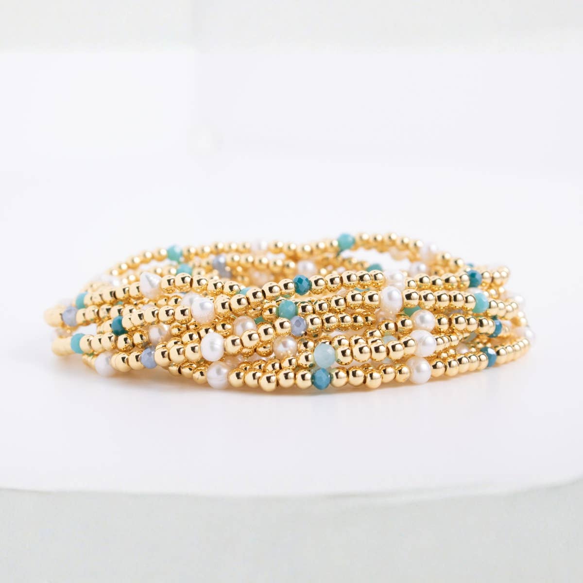 3mm Beaded Stretch Bracelet with Pearls and Crystals: Blues