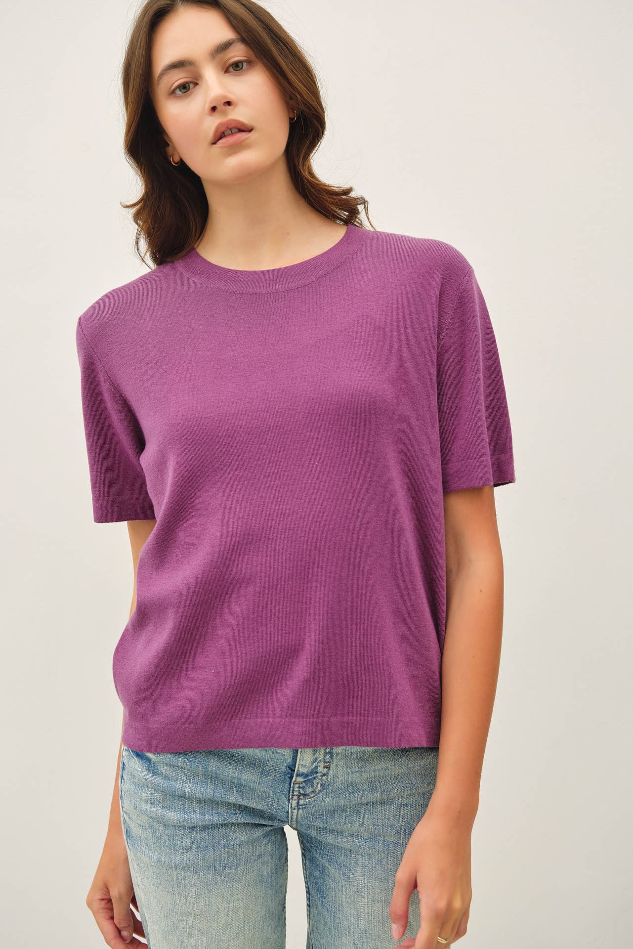 Be Cool - CASHMERE BLENDED SHORT SLEEVE SWEATER  : SLATE BLUE / L
