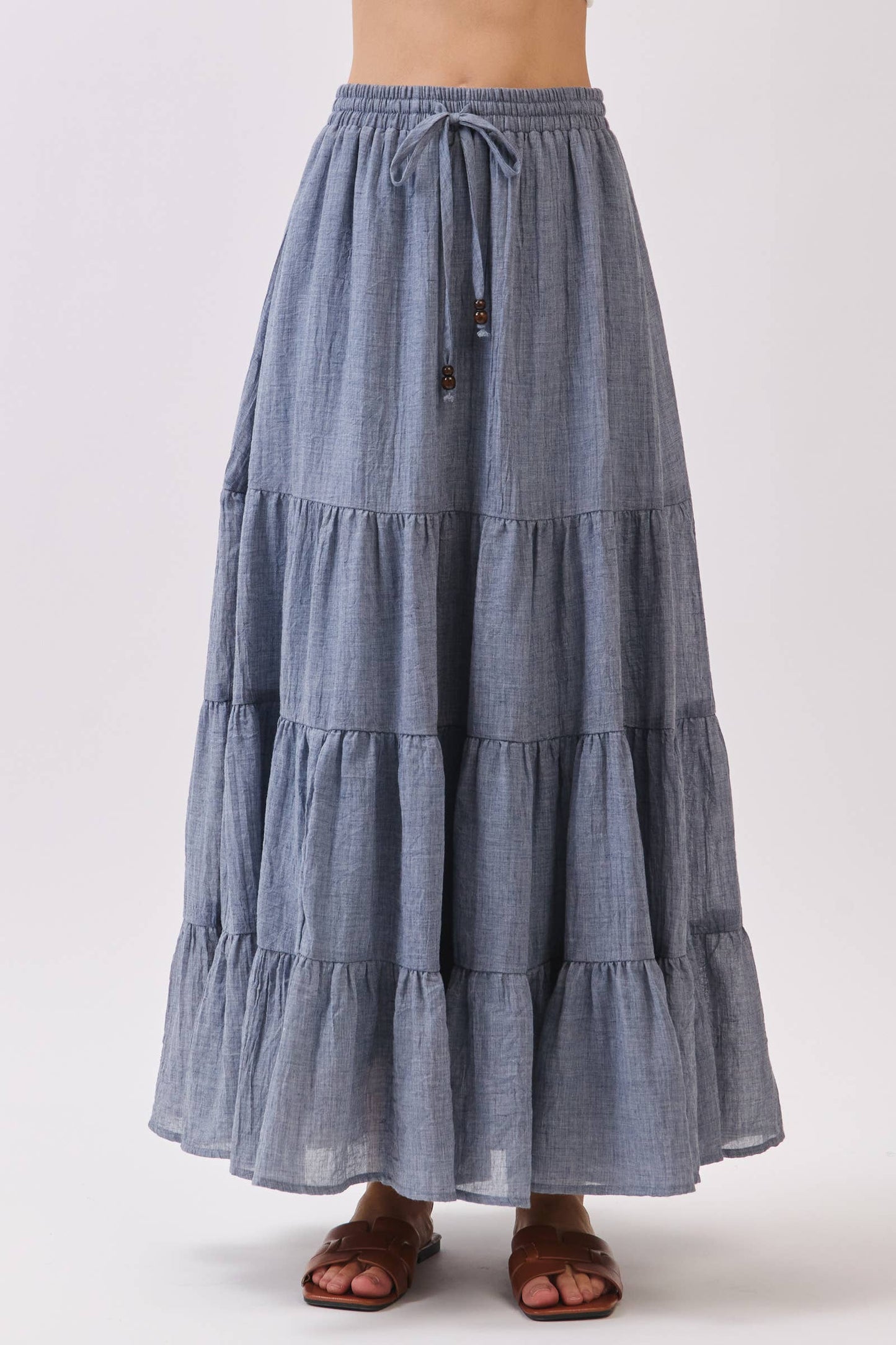 Final Touch - Tiered Coconut Tie Detail Maxi Skirt - VS3009: OLIVE / L
