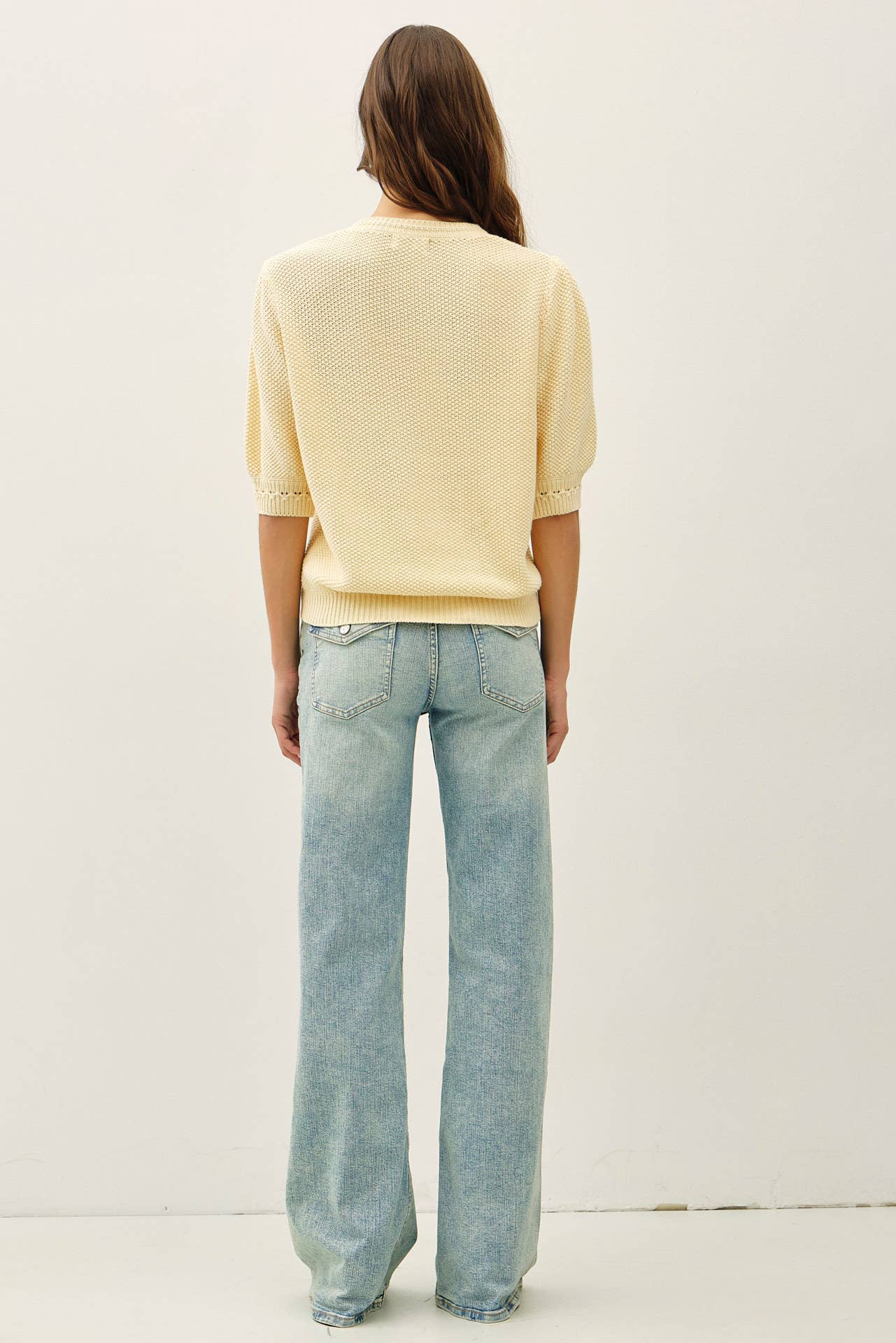 Be Cool - CHUNKY PUFF SHORT SLEEVE CABLE KNIT SWEATER: SEAFOAM / M