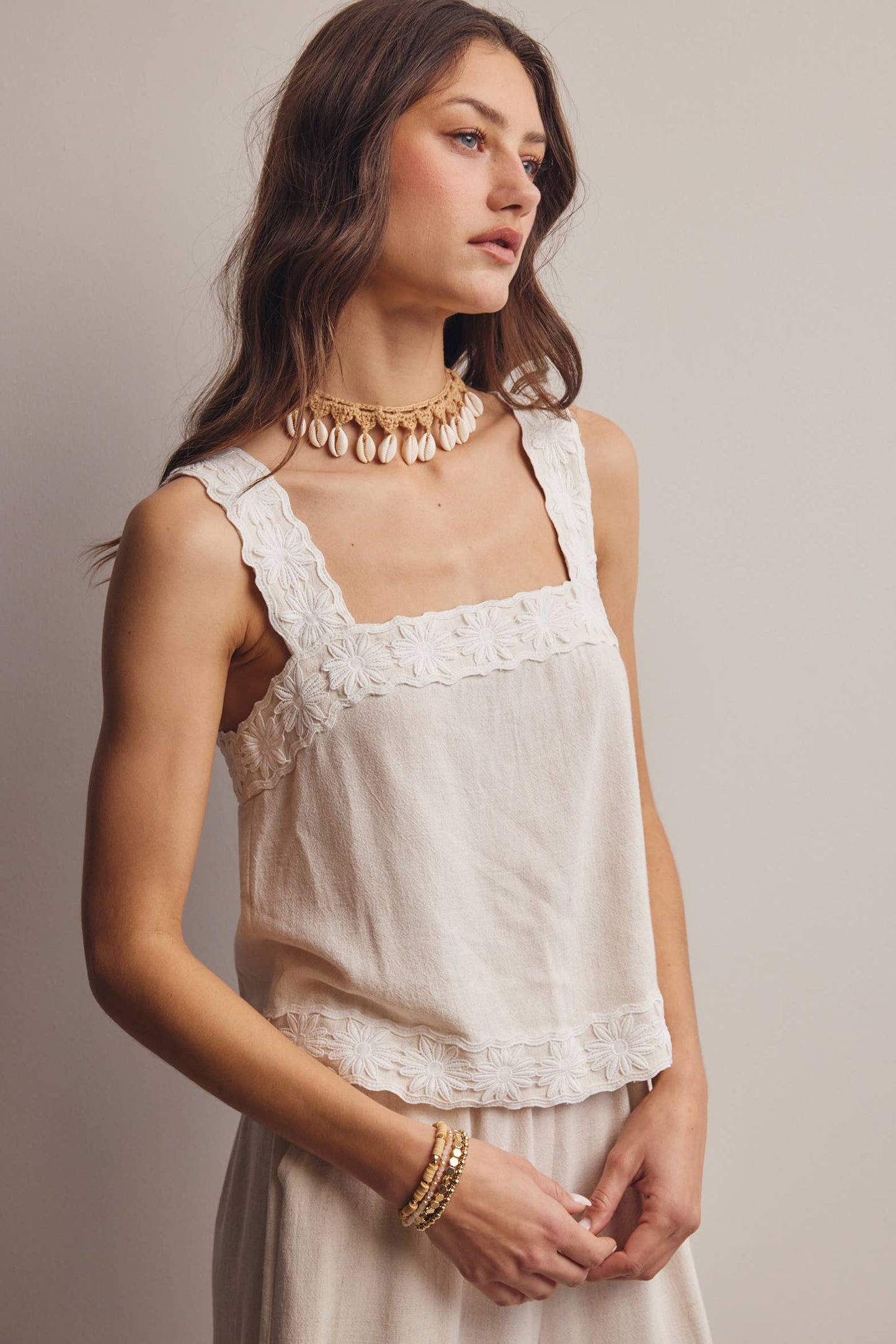 Embroidered Square-Neck Tank & Wide-Leg Pants Set