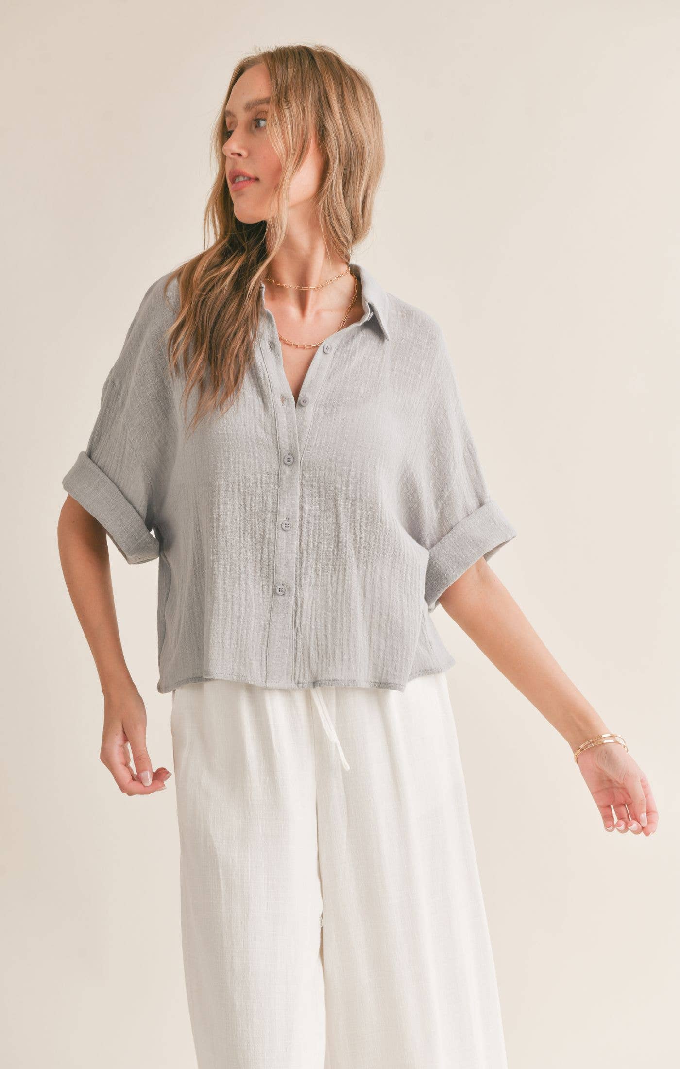 Bird Song Cuffed Boxy Oversized Shirt in Cloud Blue