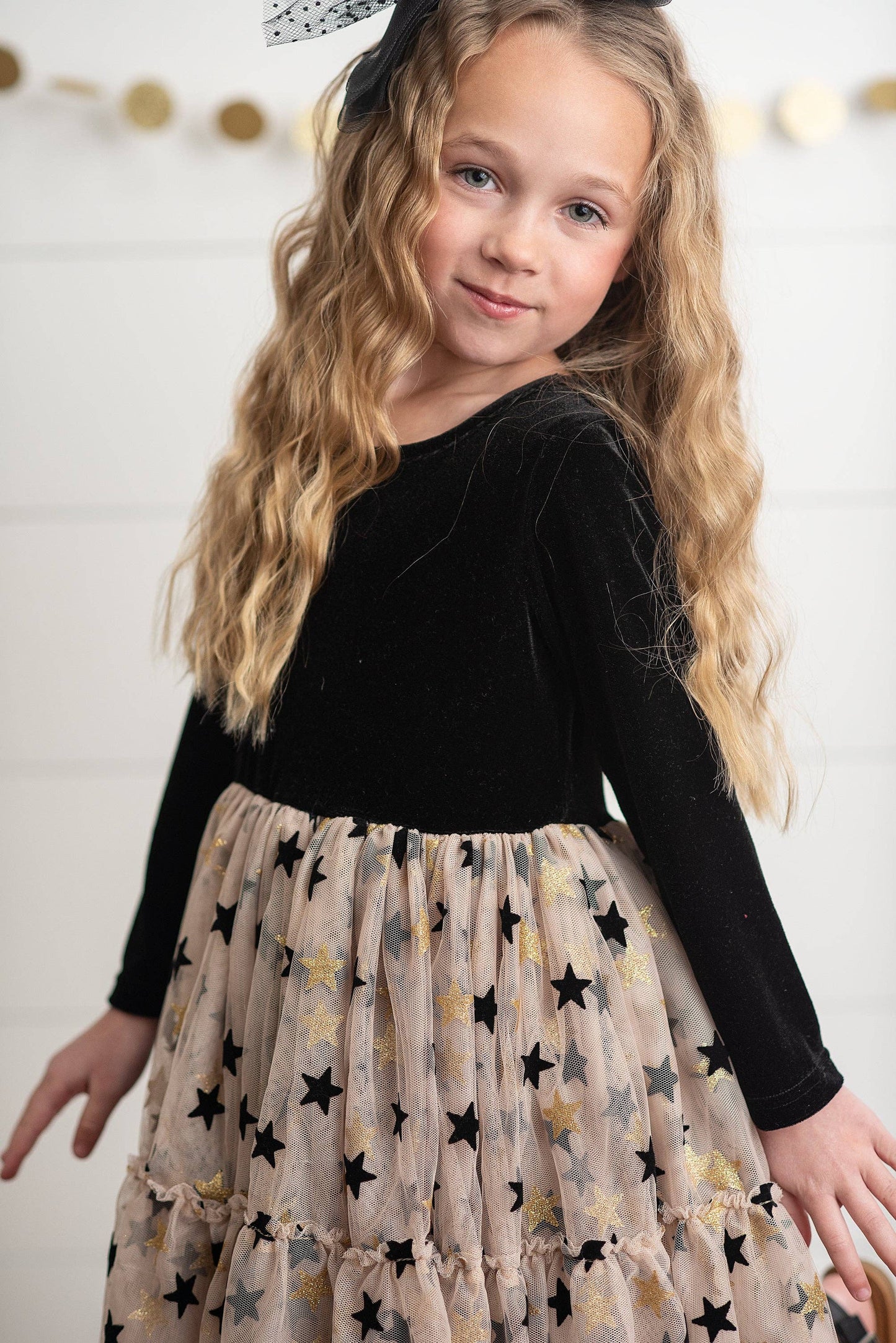 Kids Black & Gold Star Velvet Holiday Sparkle Tulle Dress