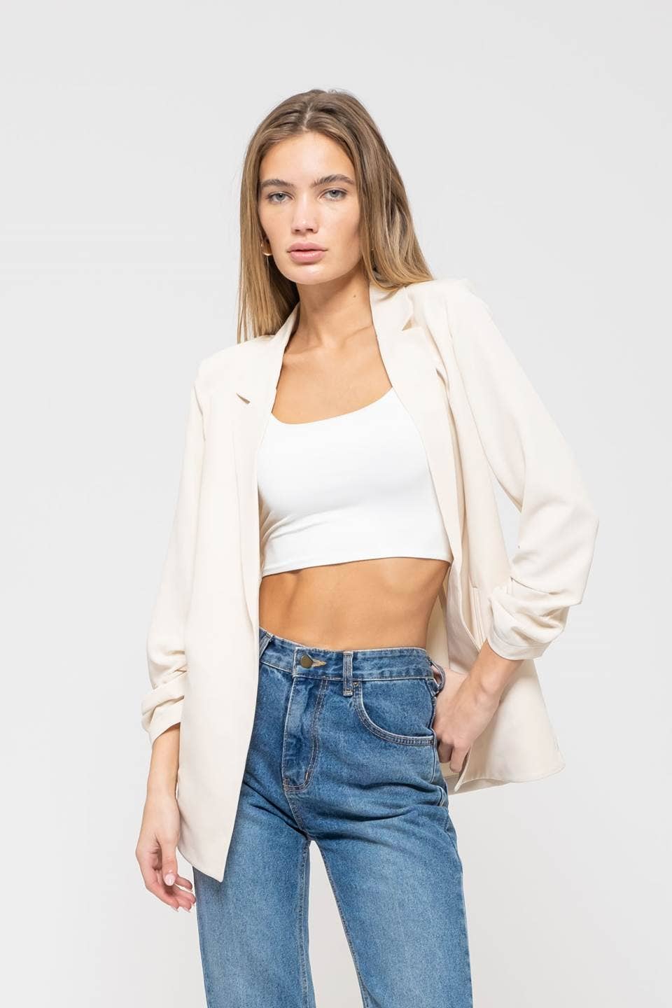 Notched Collar Ruched Sleeve Blazer - Cream