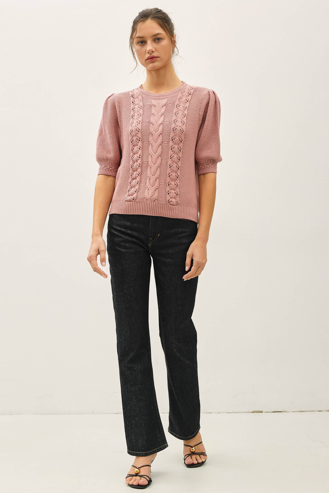 Be Cool - CHUNKY PUFF SHORT SLEEVE CABLE KNIT SWEATER: SEAFOAM / M