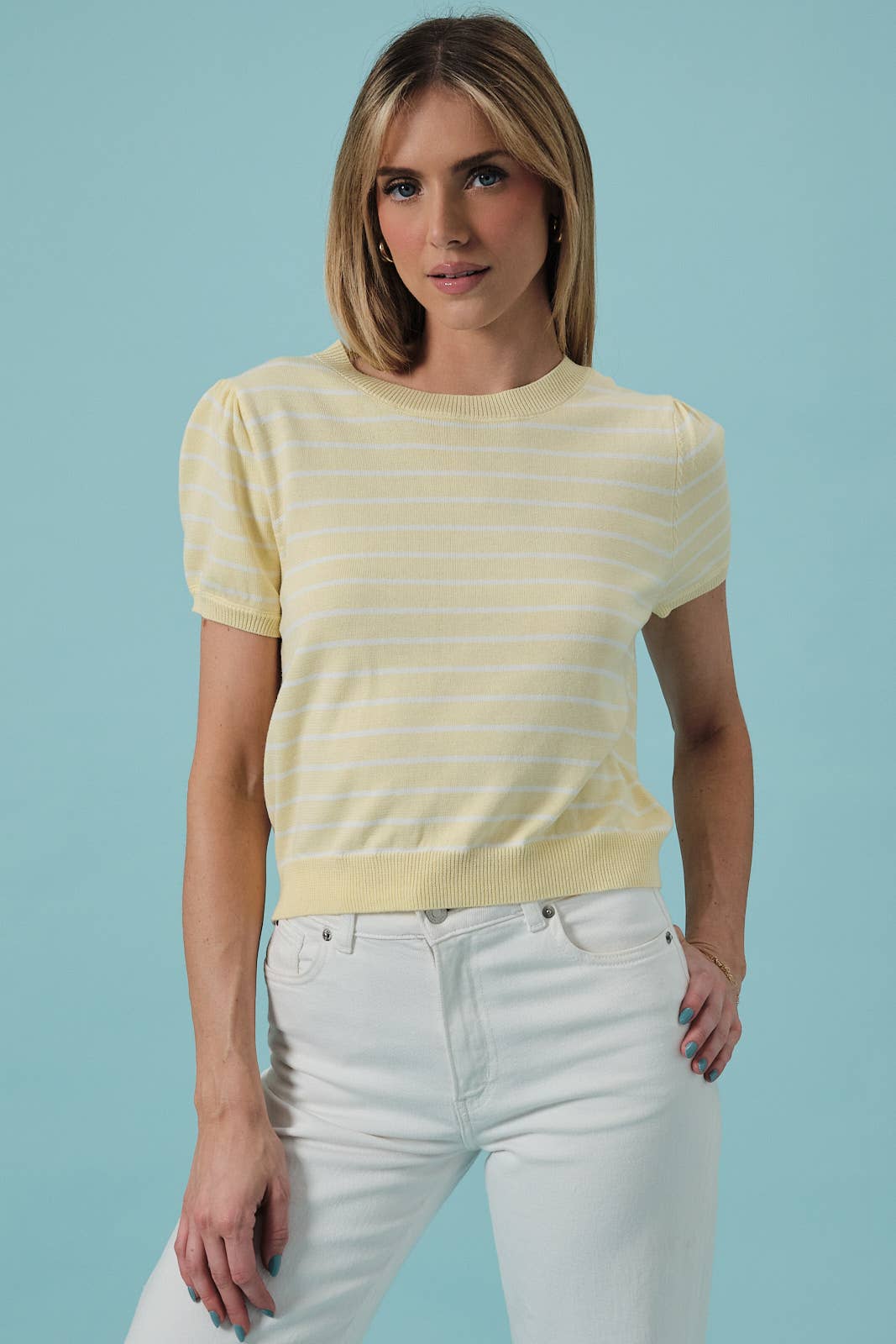 Sunday Edition by LE LIS - HALF SLEEVE CREW NECK PUFF STRIPED SWEATER TOP: LT BLUE-WHITE STRIPE / M