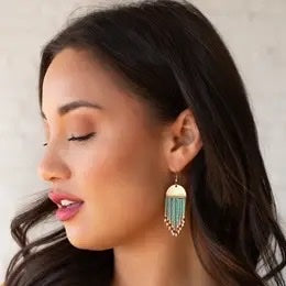 Gold & Teal Beaded Fringe Earrings