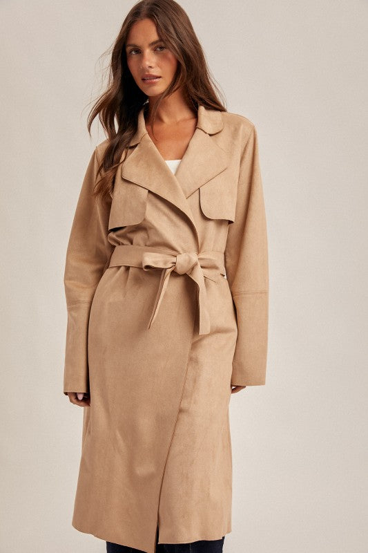 Microsuede Belted Trench Coat