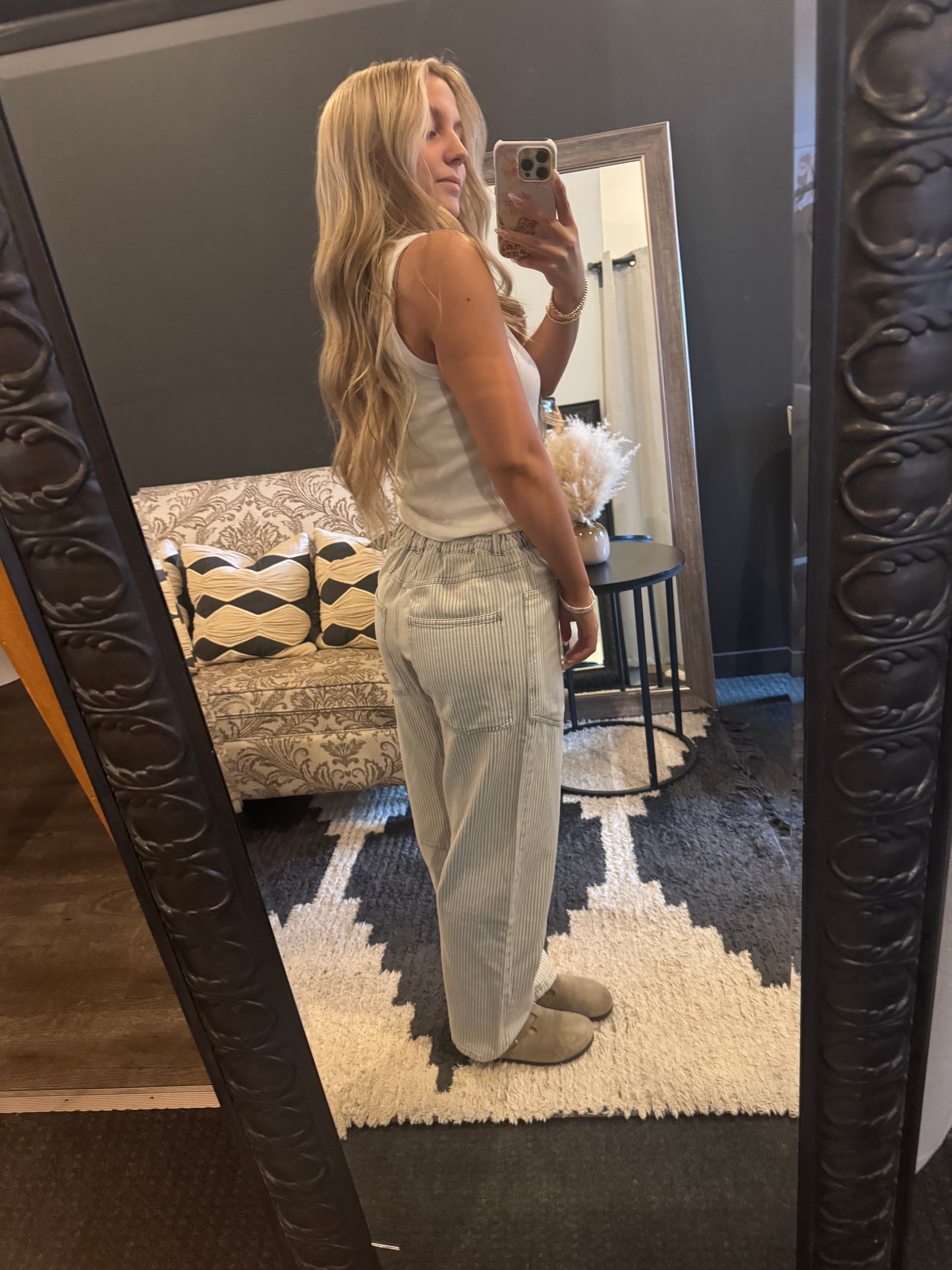 Eyelet Rope Waist Tie Detail Stripe Denim Pants