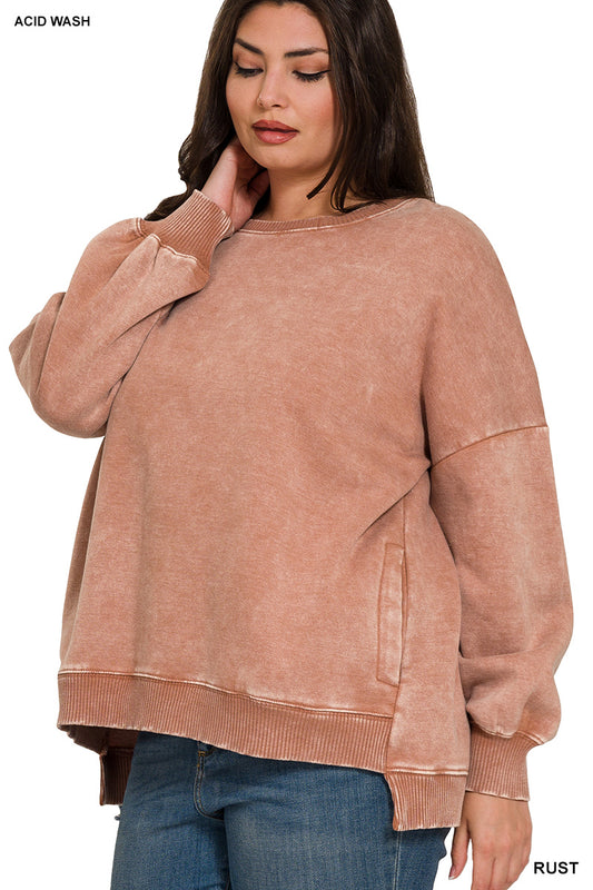 Acid Wash Fleece Hi-Low Hem Pullover