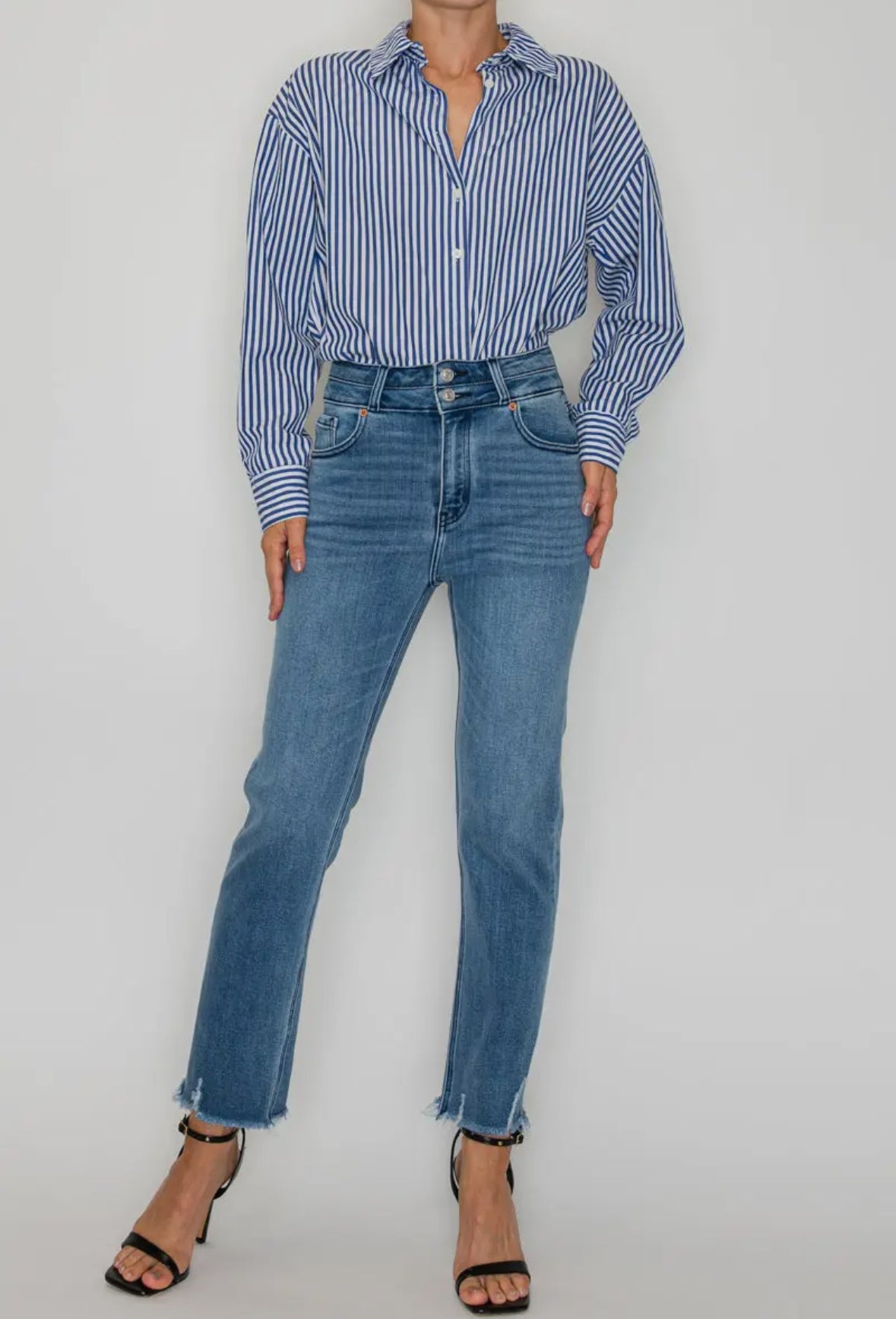 High Rise Double Waistband Straight Raw Hem Jean