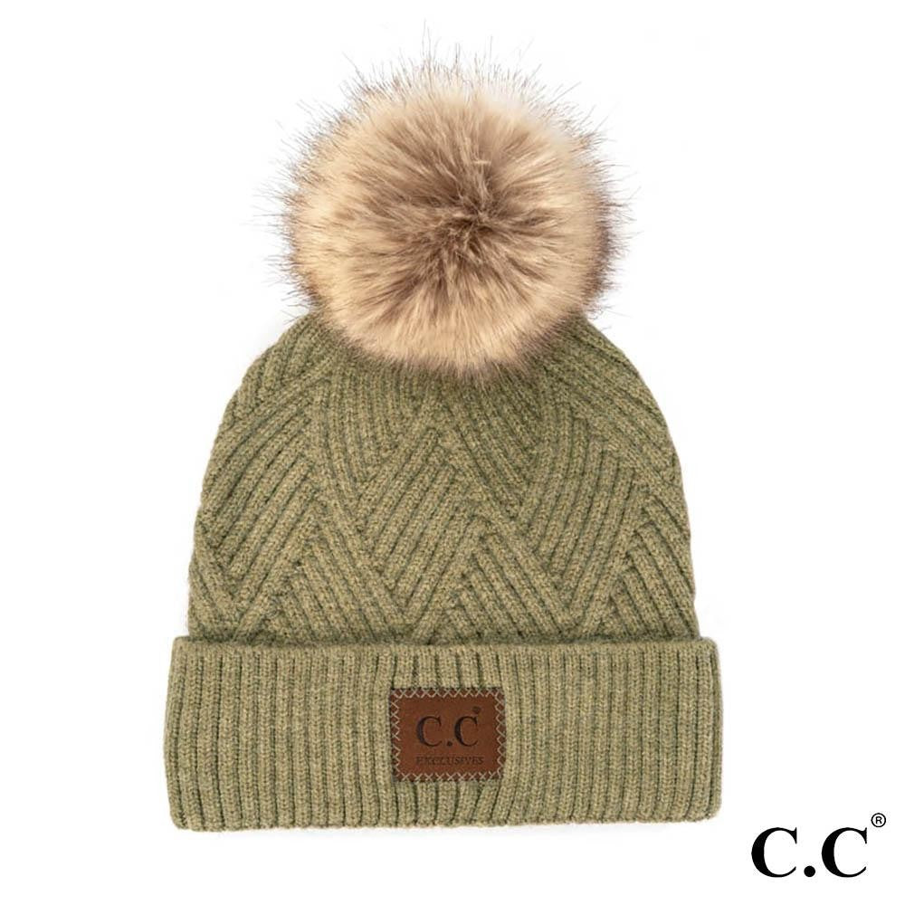 Diagonal Stripe Knit Pattern Pom Beanie