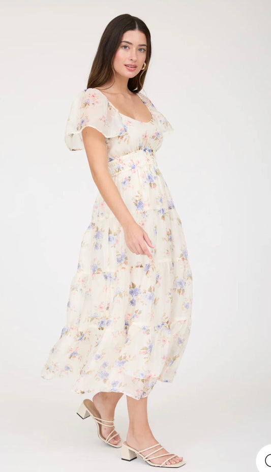 Floral Chiffon Flounce Sleeve Midi Dress